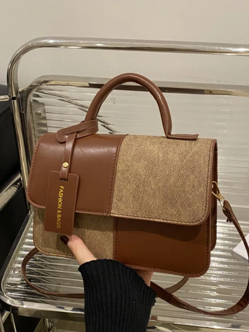 Color Block Flap Crossbody Bag with Top Handle, image 13