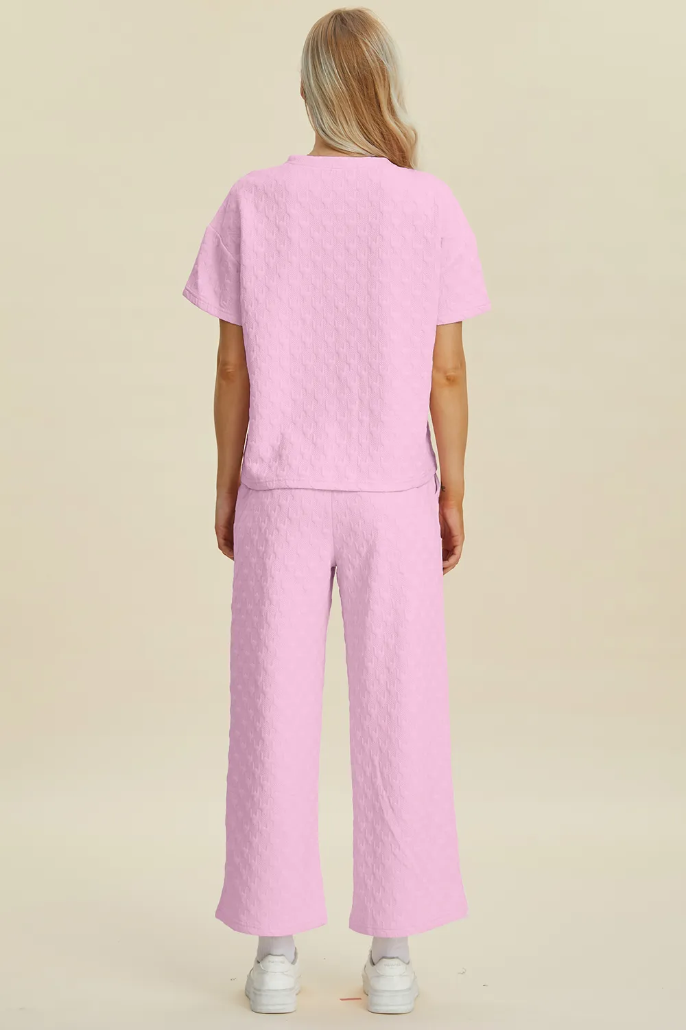 Full Size Texture Round Neck Short Sleeve Top and Pants Set, image 5