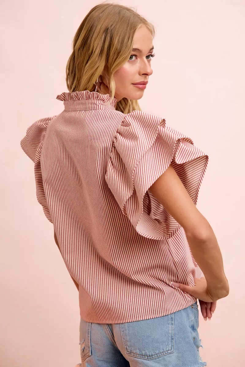 Twill Striped Ruffle Sleeve Blouse, image 4