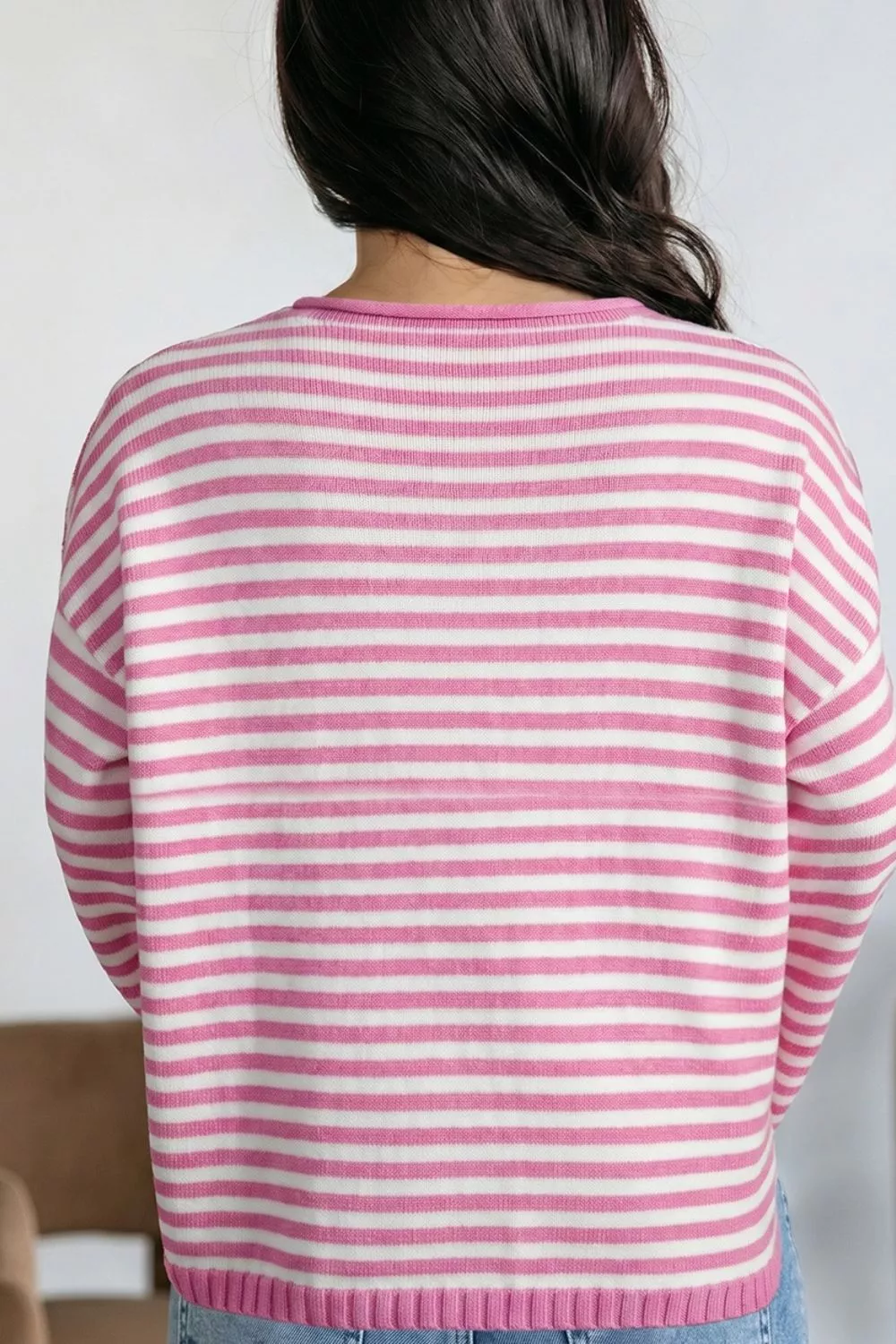 Striped Button Placket Drop Shoulder Long Sleeve Sweater, image 5