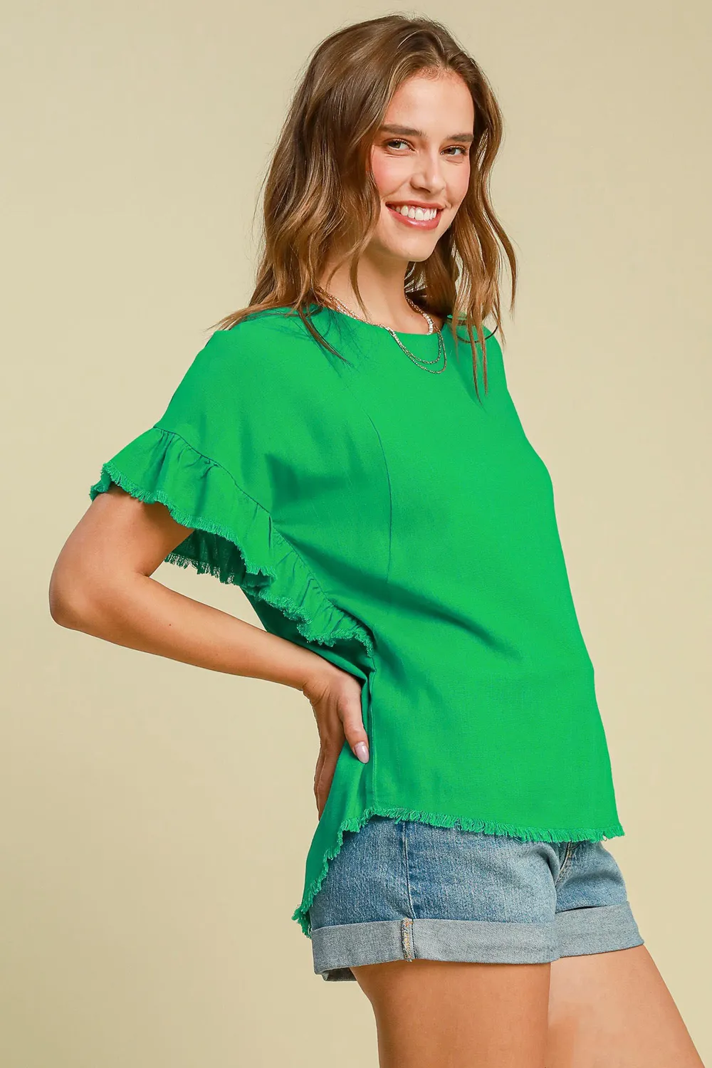 Full Size Raw Hem Ruffle Short Sleeve Blouse Plus Size, image 2