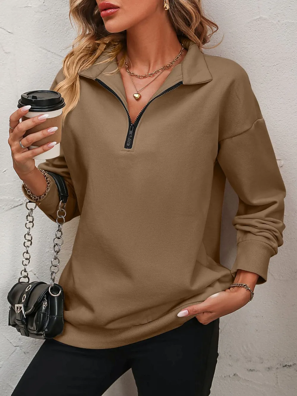 Zip-Up Dropped Shoulder Sweatshirt, image 6