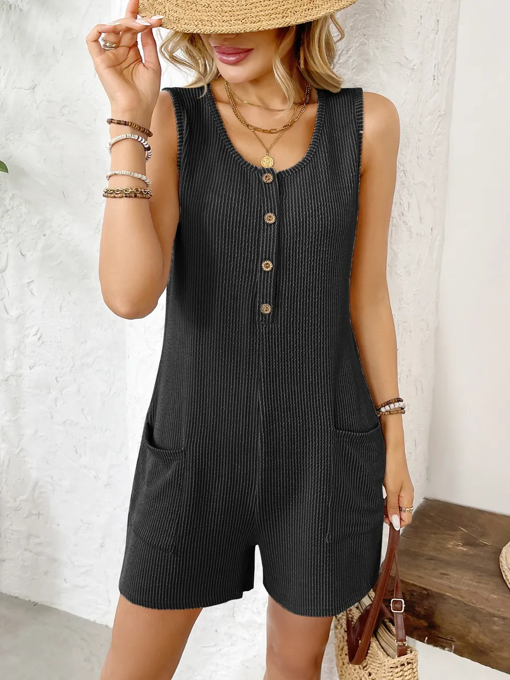 Pocketed Round Neck Sleeveless Romper, image 4