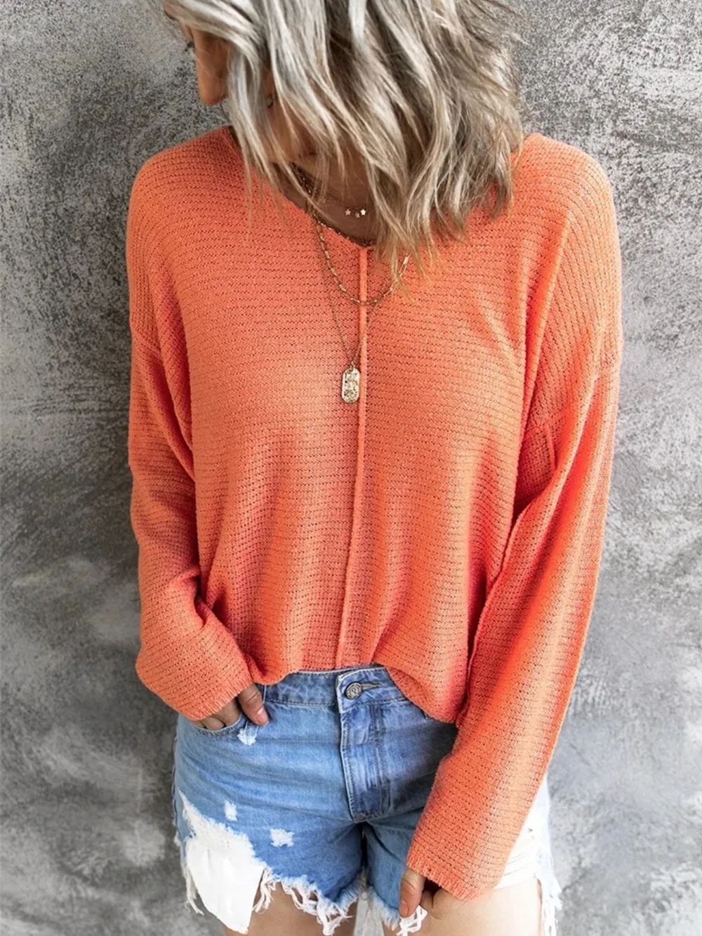 V-Neck Drop Shoulder Knit Top, image 2