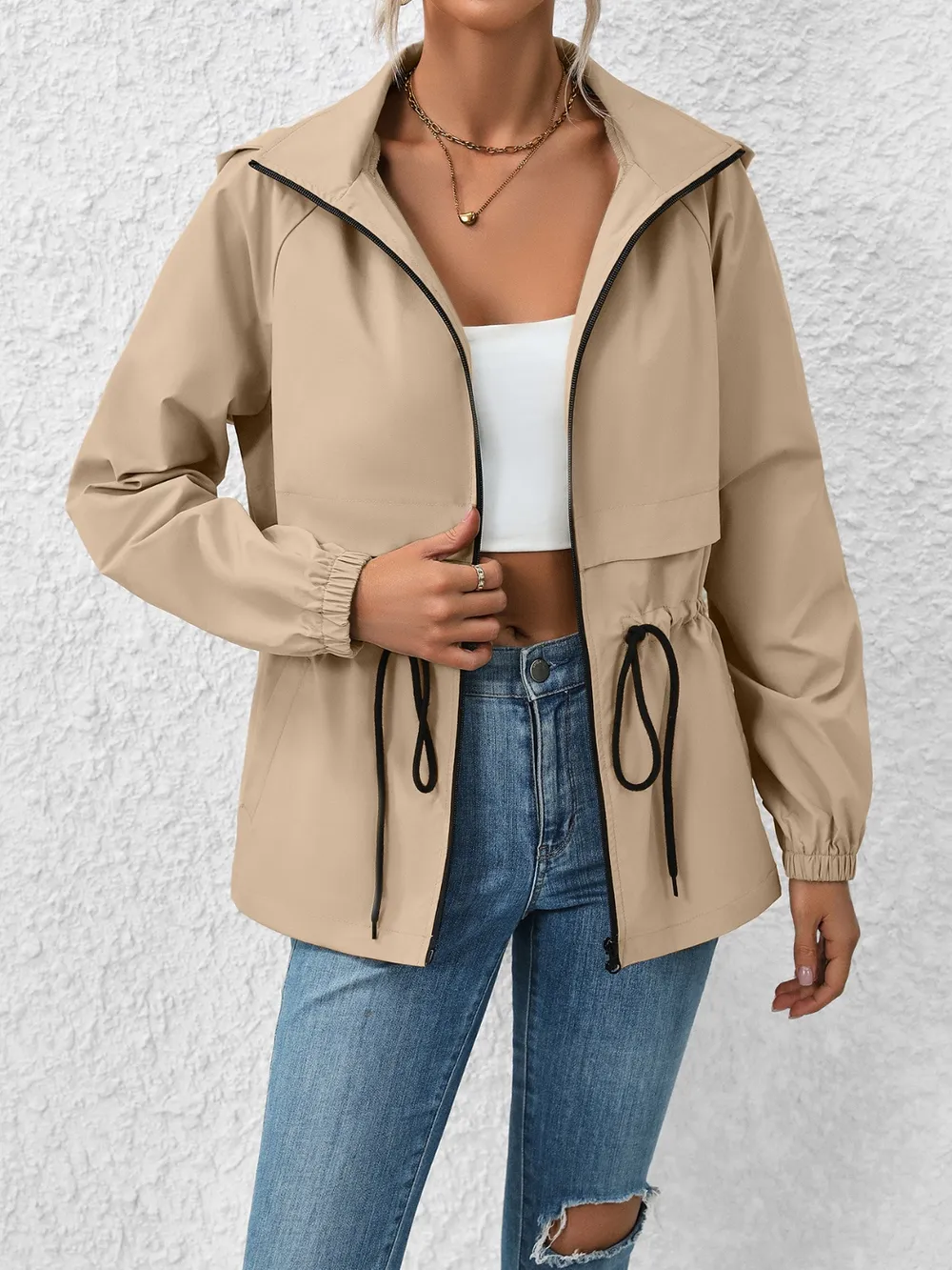 Drawstring Zip Up Hooded Jacket, image 5