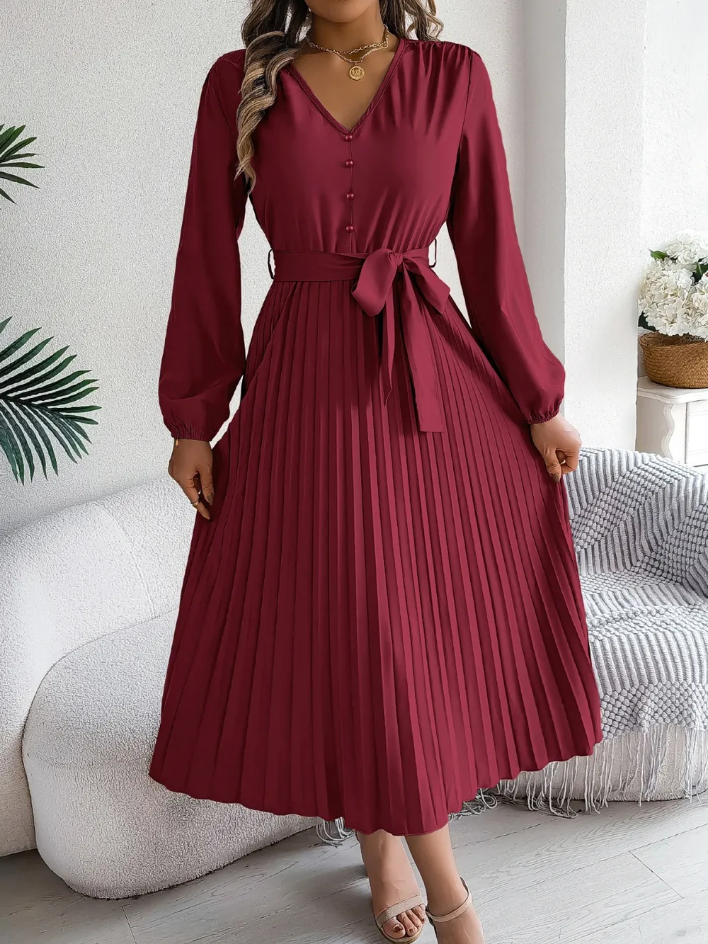 Pleated Tied V-Neck Long Sleeve Dress, image 20
