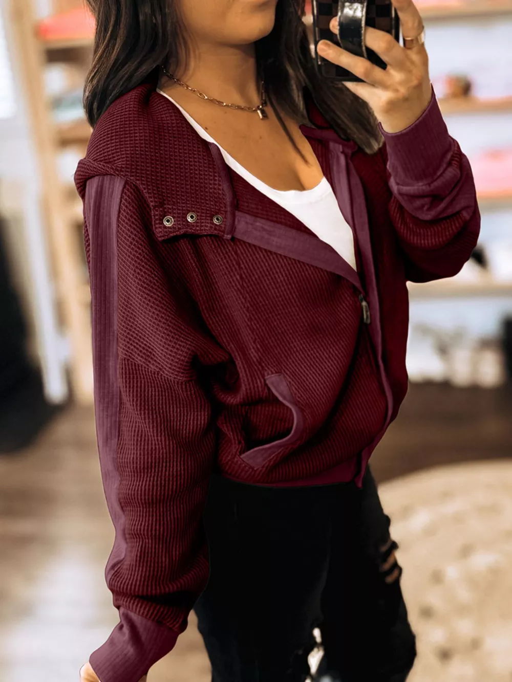 Waffle Zip Up Hooded Jacket with Pockets, image 4