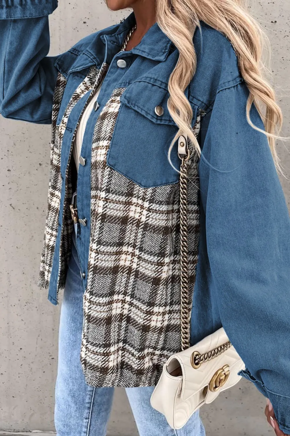 Plaid Pocketed Button Up Denim Jacket, image 4