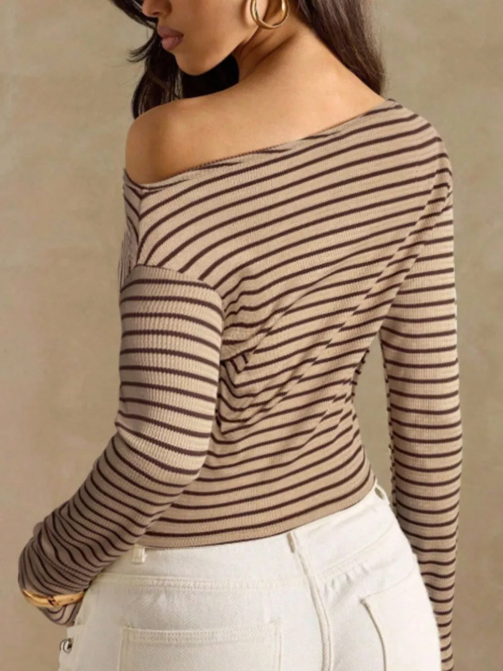 Off-Shoulder Striped Ribbed Long Sleeve T-Shirt, image 16
