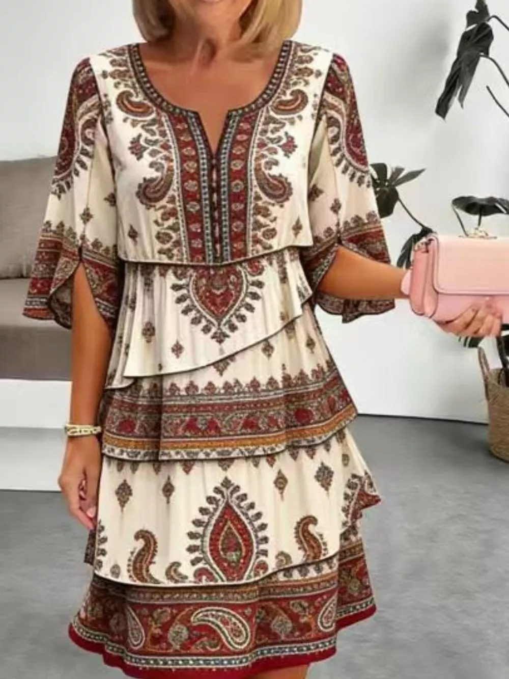 Full Size Paisley Print Layered Ruffle Mini Dress Plus Size, image 2