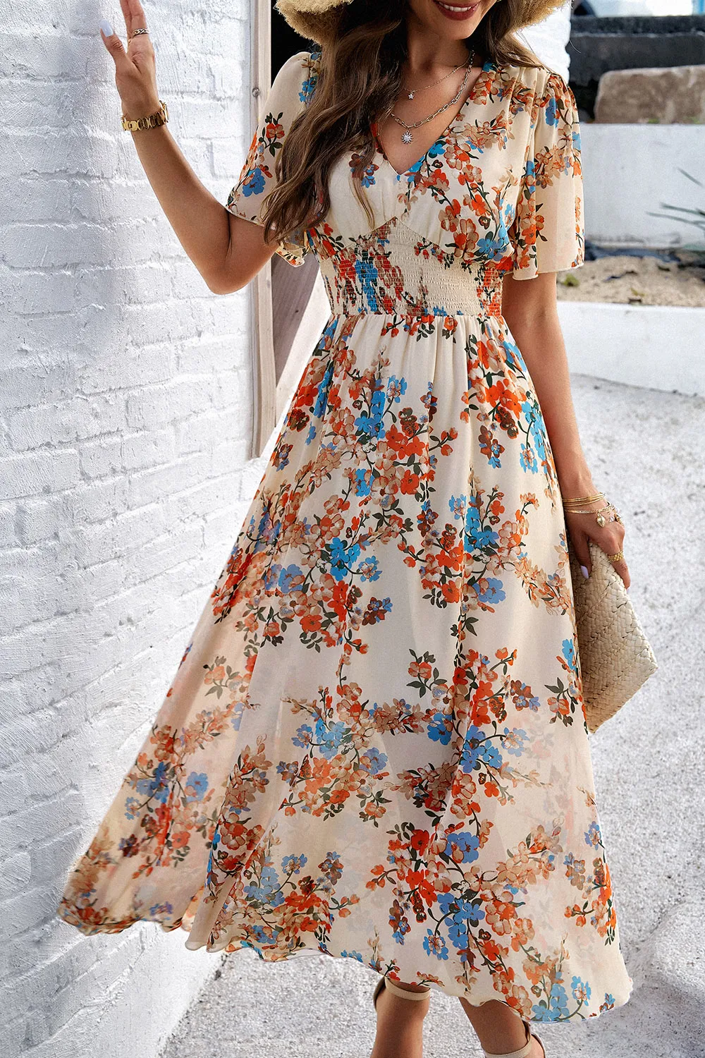 Smocked Floral V-Neck Short Sleeve Dress, image 6