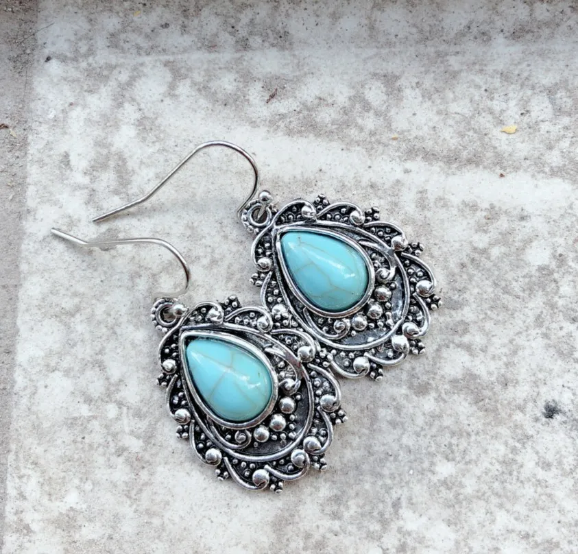 Artificial Turquoise Alloy Teardrop Dangle Earrings, image 4