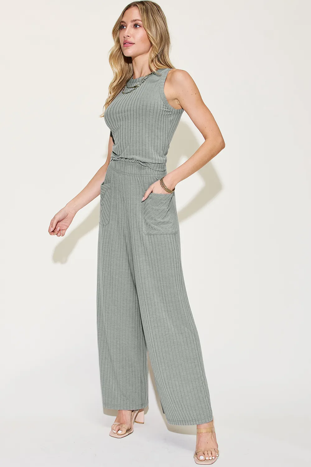 Full Size Ribbed Tank and Wide Leg Pants Set, image 8