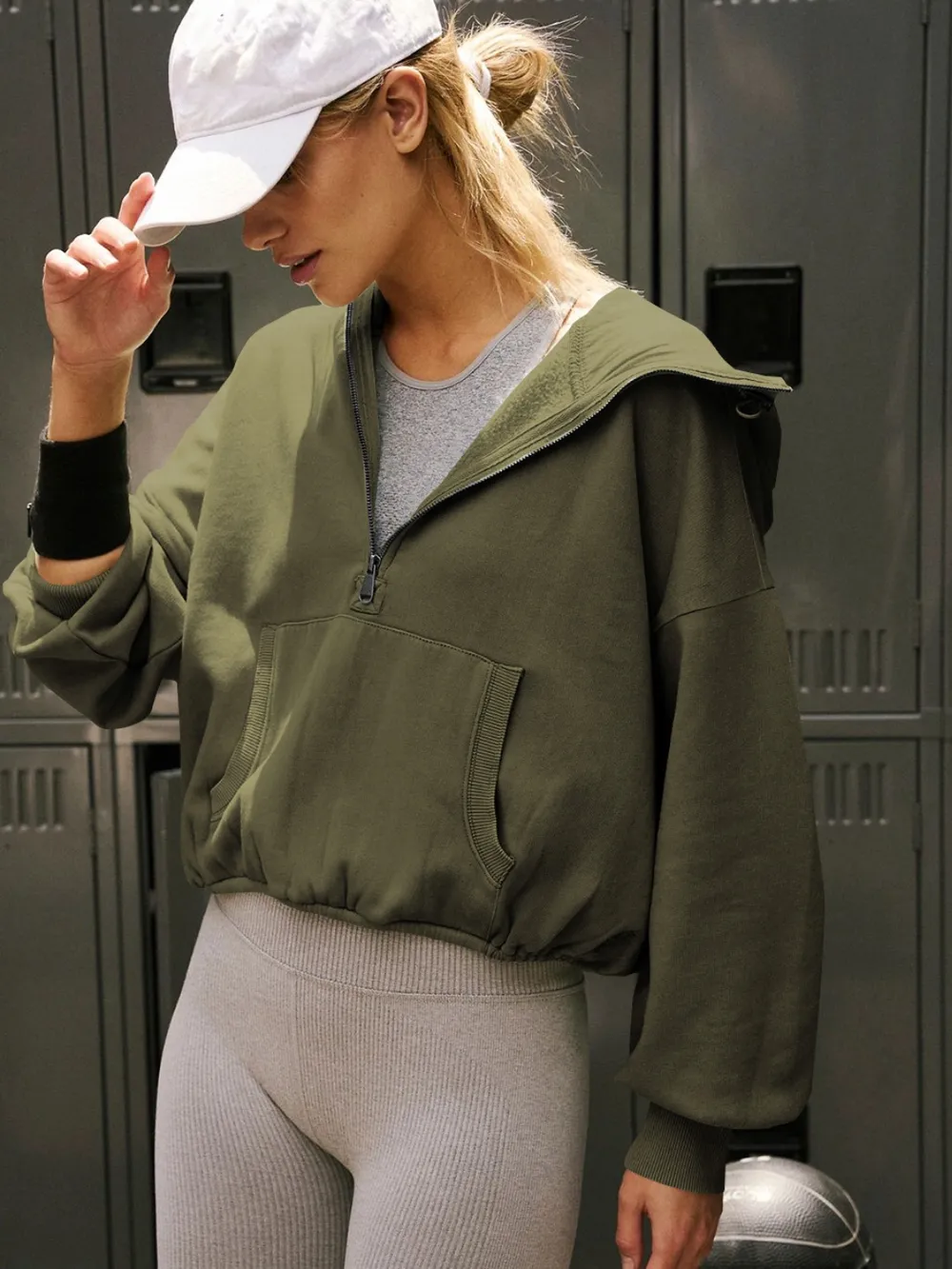 Half Zip Pocketed Dropped Shoulder Hoodie, image 2