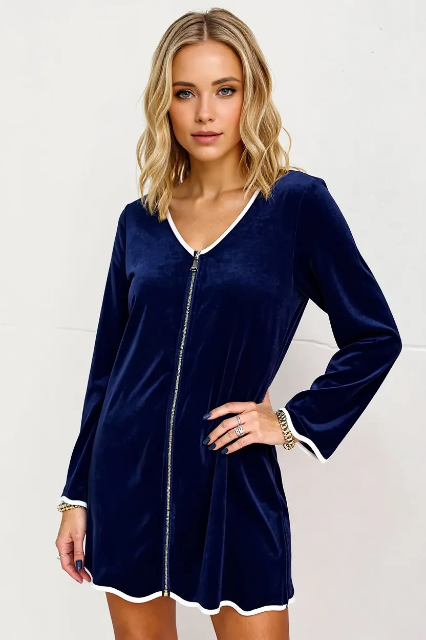 Wave Contrast Trim V-Neck Zip Up Long Sleeve Mini Dress, image 4