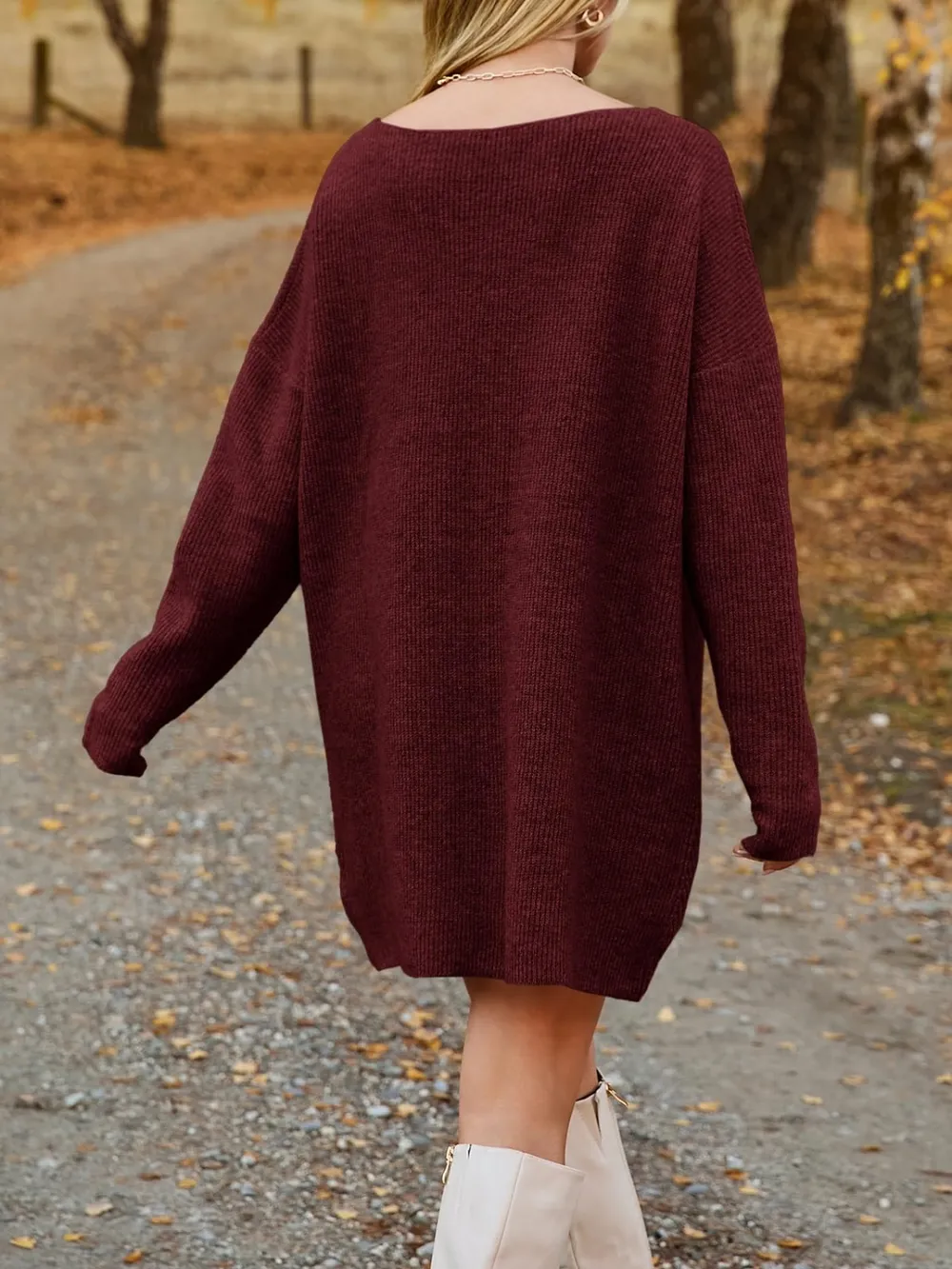 V-Neck Dropped Shoulder Sweater Dress, image 17