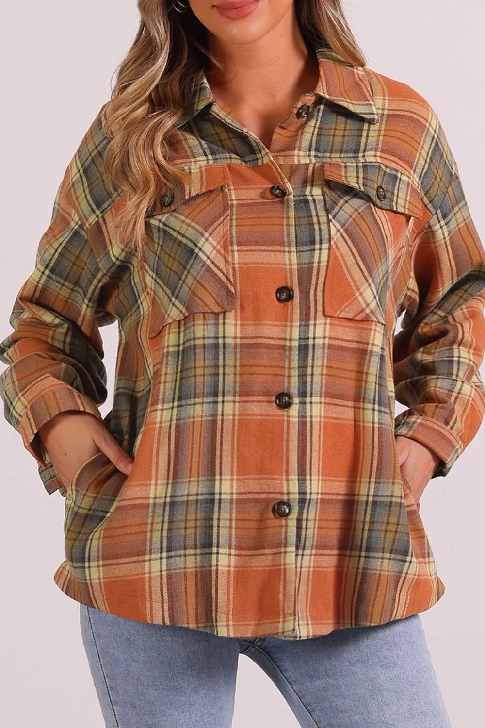 Plaid Collared Neck Long Sleeve Shirt with Chest Pockets, image 2
