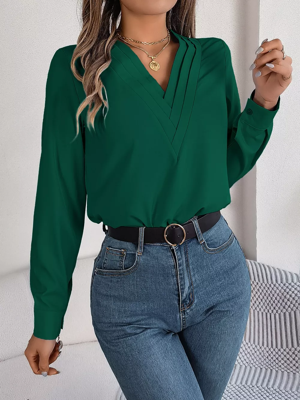 Layered V-Neck Long Sleeve Blouse, image 22