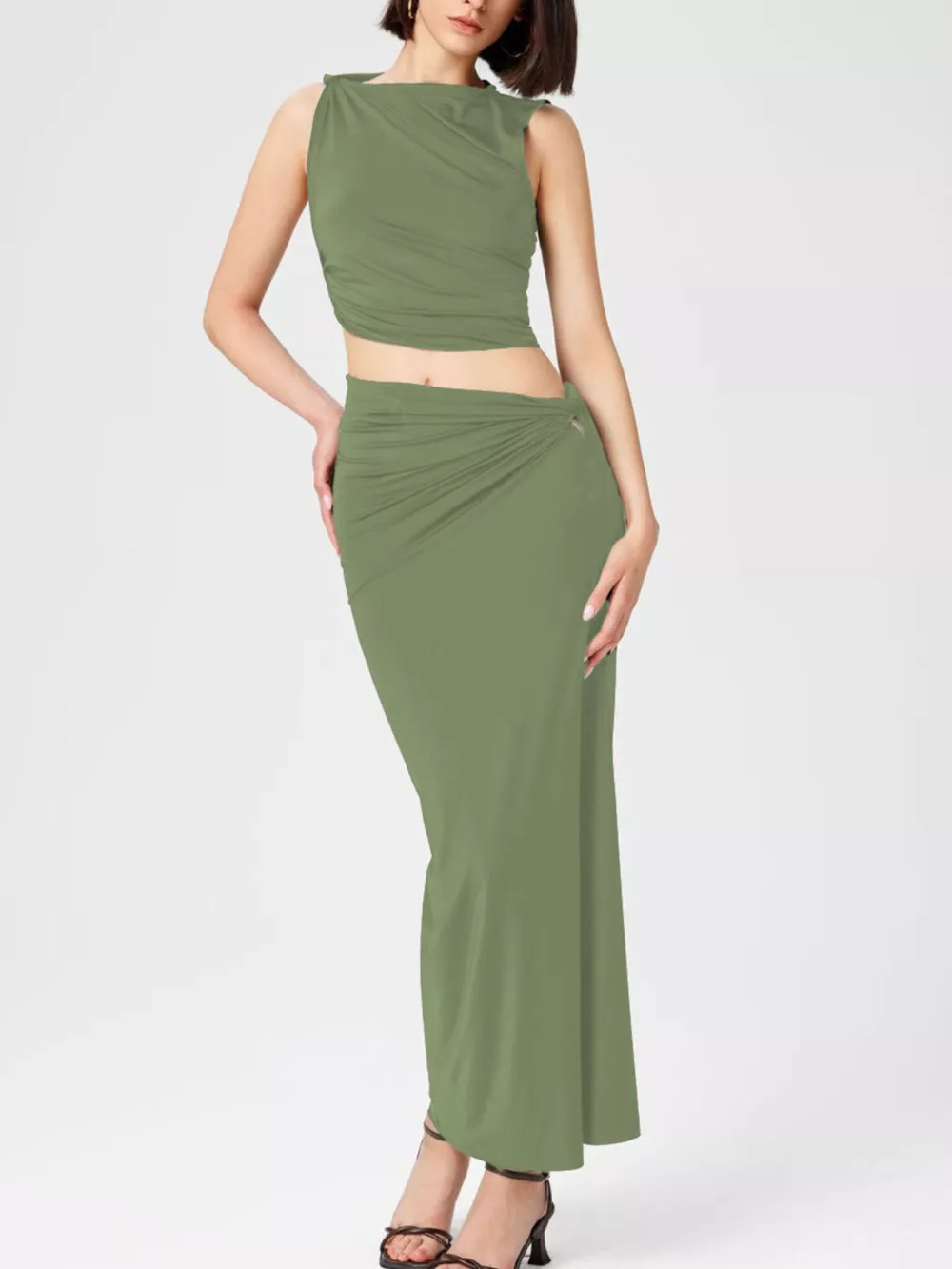 Asymmetrical Ruched Knit Top and Skirt Set, image 10