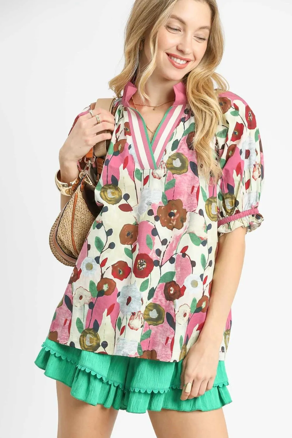 Floral Print Puff Sleeve Oversized Blouse