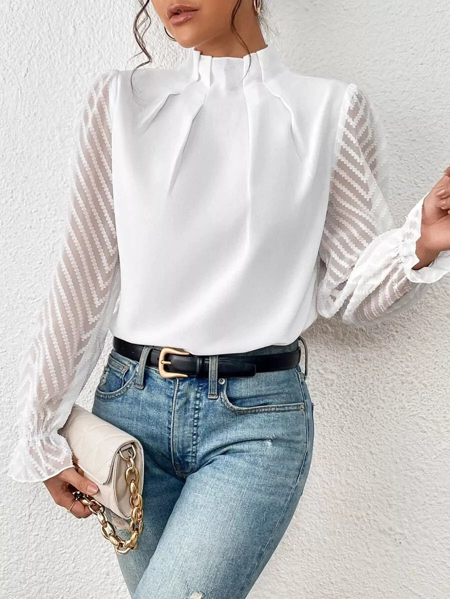 Mock Neck Sheer Lace Sleeve Blouse, image 2