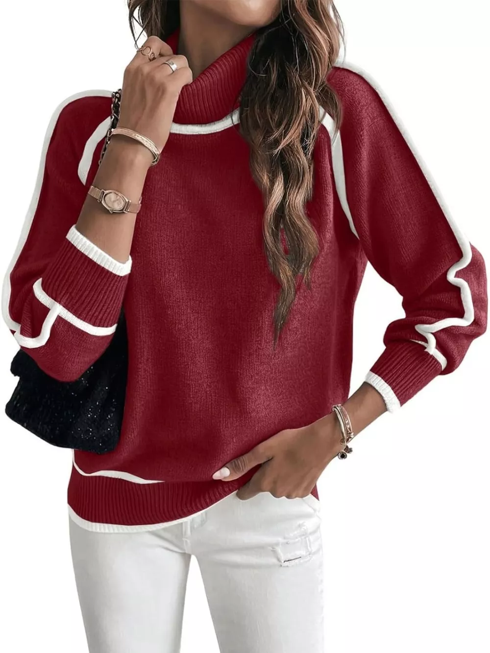 Full Size Turtleneck Contrast Trim Sweater Plus Size, image 21