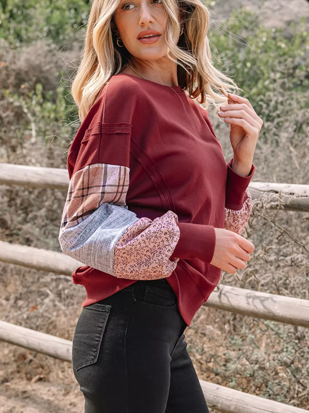 Plaid Colorblock Patchwork Sleeve Raw Seam Sweatshirt, image 4