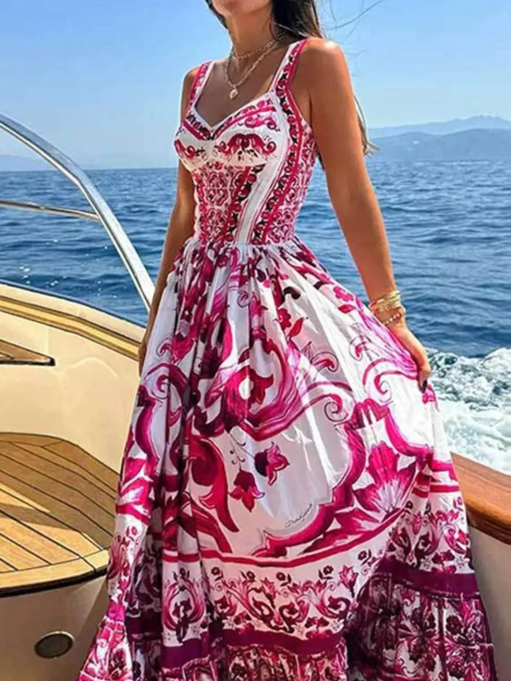 Smocked Printed Wide Strap Dress, image 6