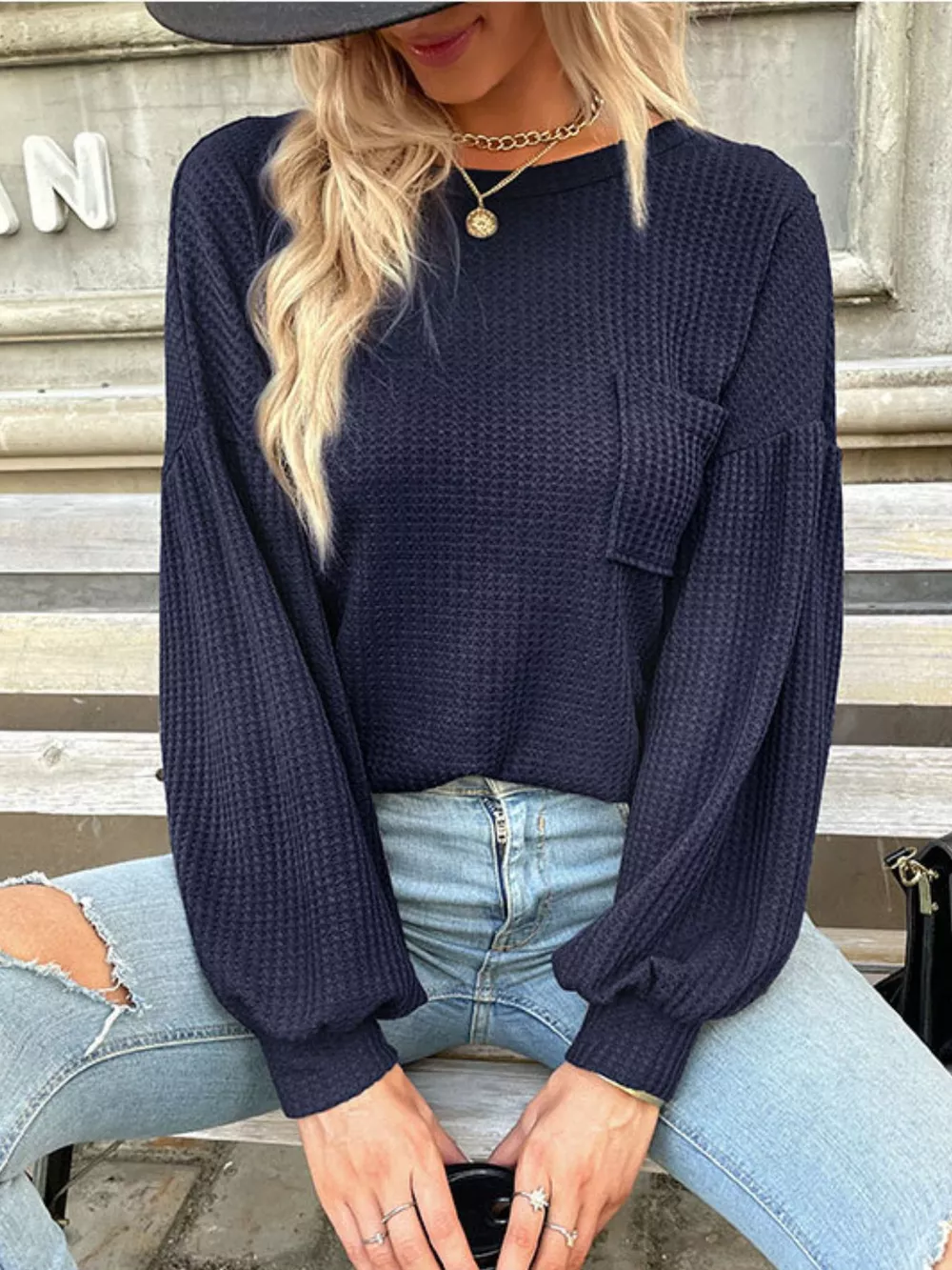 Waffle Knit Round Neck Top, image 5