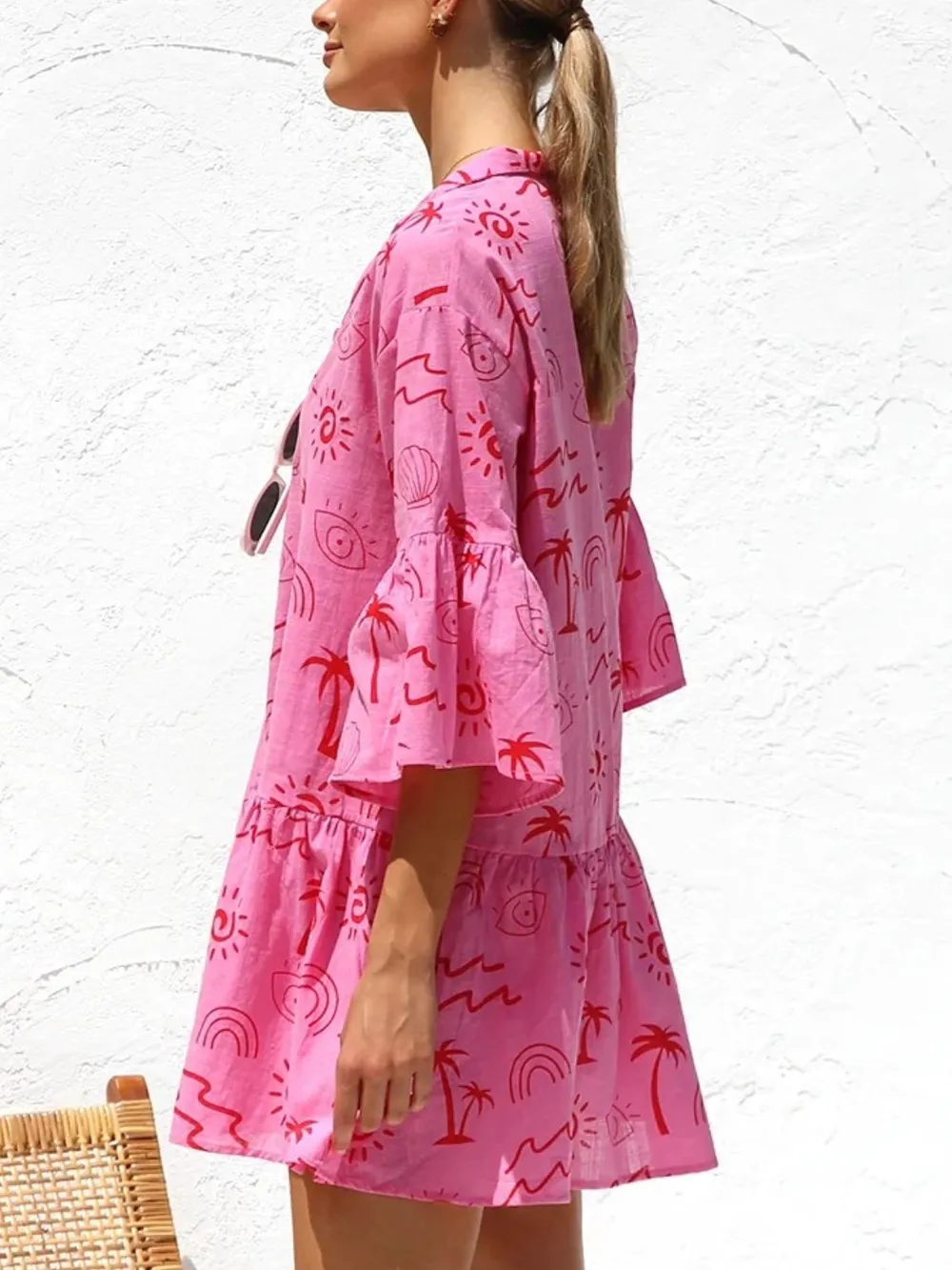 Button Detail Ruffled Hem Printed Mini Dress, image 6