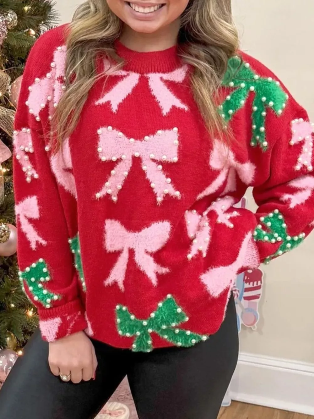 Bow Pearl Embellished Christmas Holiday Sweater, image 3