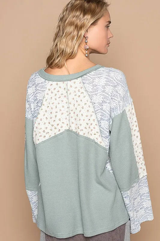 Lace Floral Round Neck Knit Top, image 2