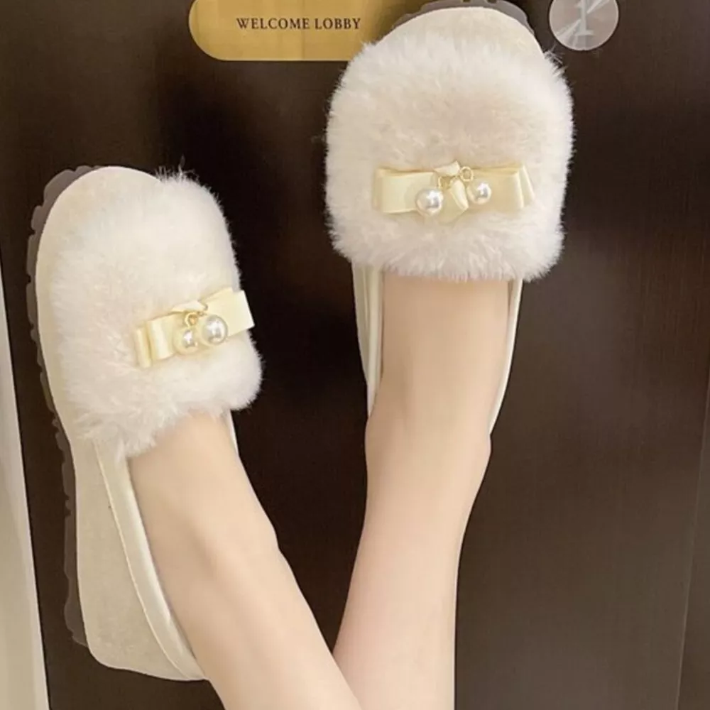 Fuzzy Pearl Bowknot Slip-Ons, image 4