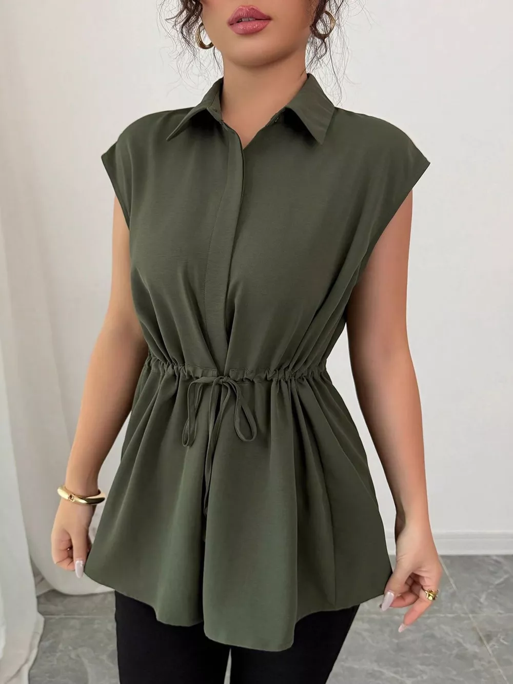 Drawstring Waist Cap Sleeve Shirt, image 13