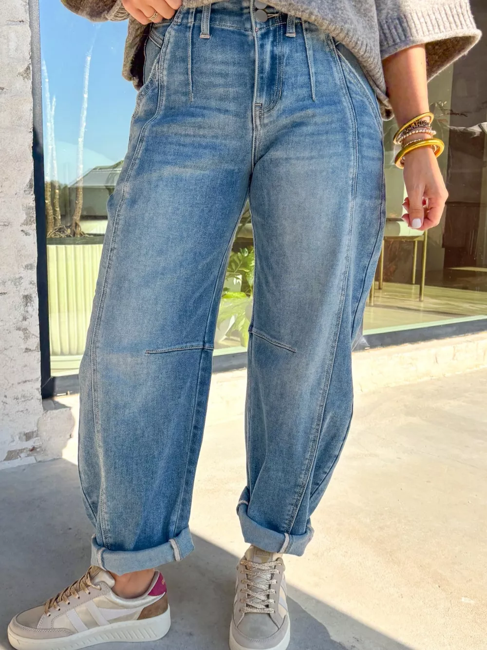 Washed Cuffed Barrel Jeans, image 2