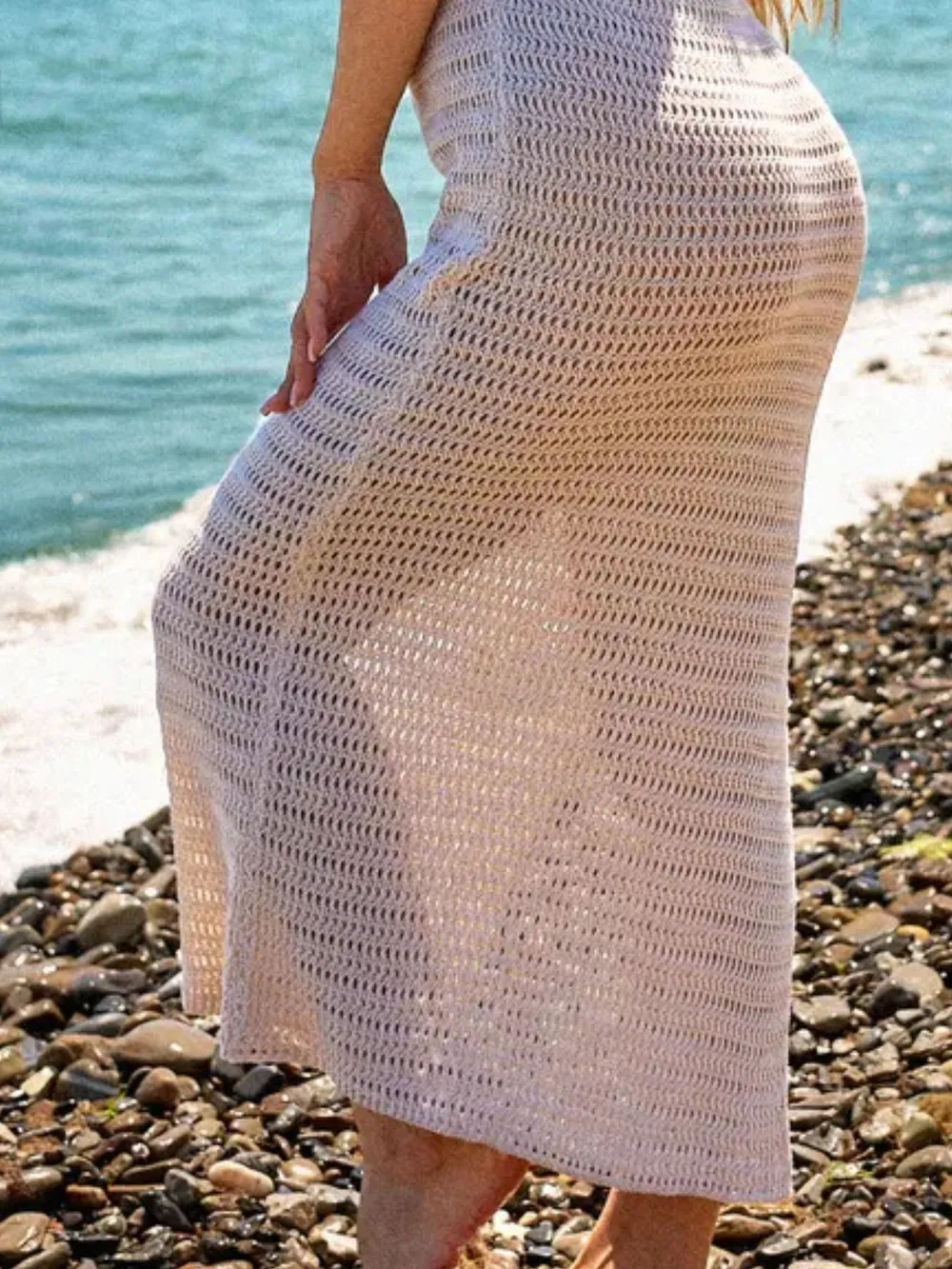 Side Slit Openwork Sleeveless Knit Cover Up Dress, image 5