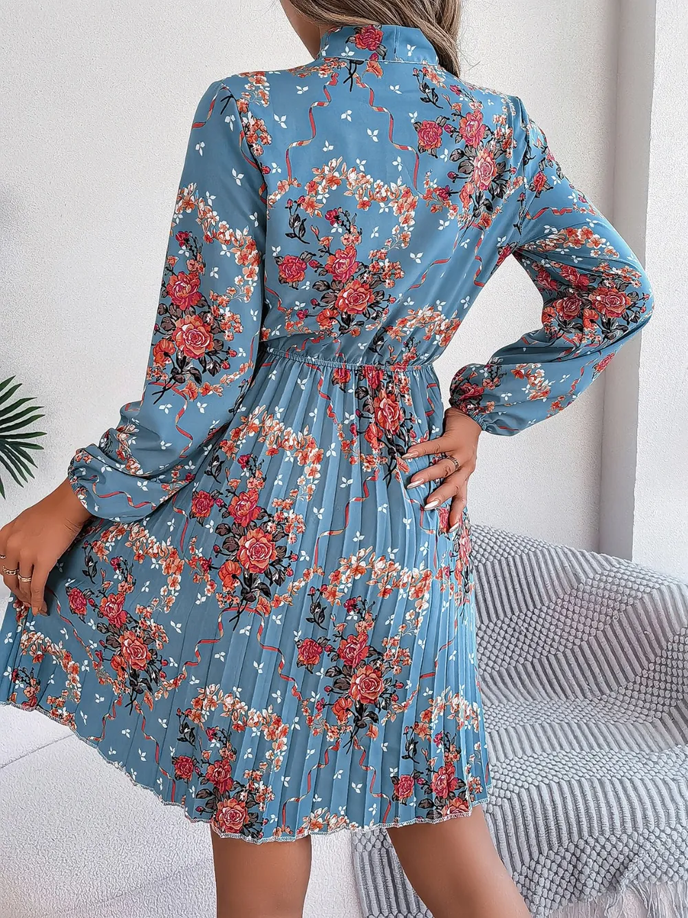 Pleated Printed Tie Neck Long Sleeve Dress, image 16