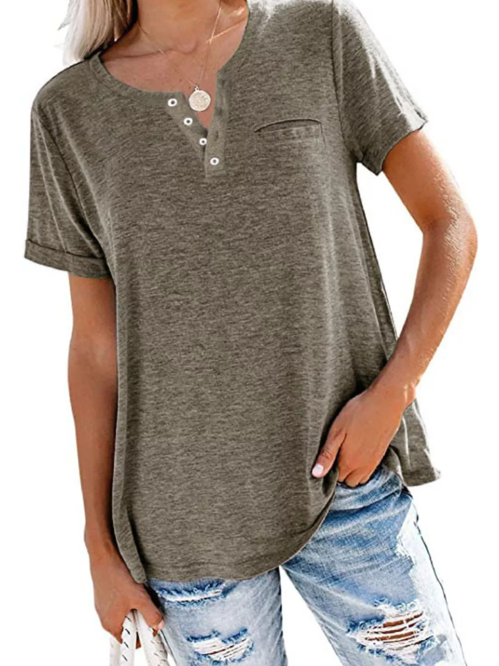Full Size Casual Button-Front Pocket T-Shirt Plus Size, image 4