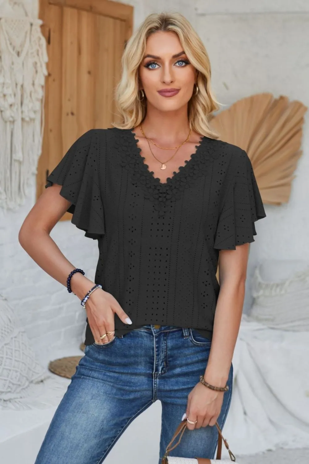 Eyelet Applique V-Neck Cap Sleeve T-Shirt, image 15