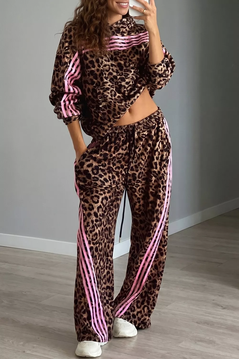 Leopard Print Contrast Striped Detail Long Sleeve Top Pant Set, image 3