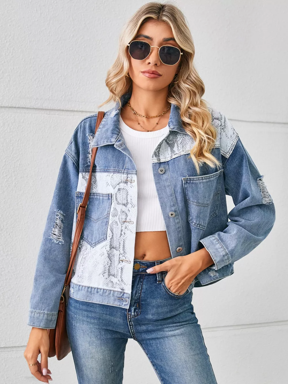 Snake Print Button Up Denim Jacket, image 4