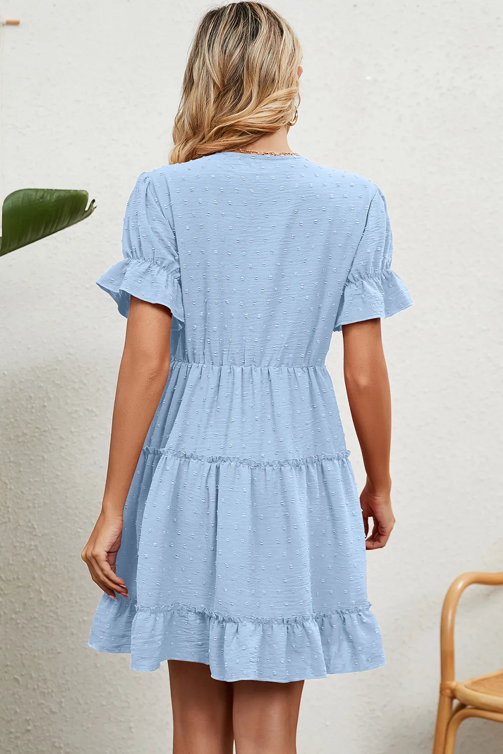Swiss Dot V-Neck Flounce Sleeve Mini Dress, image 4