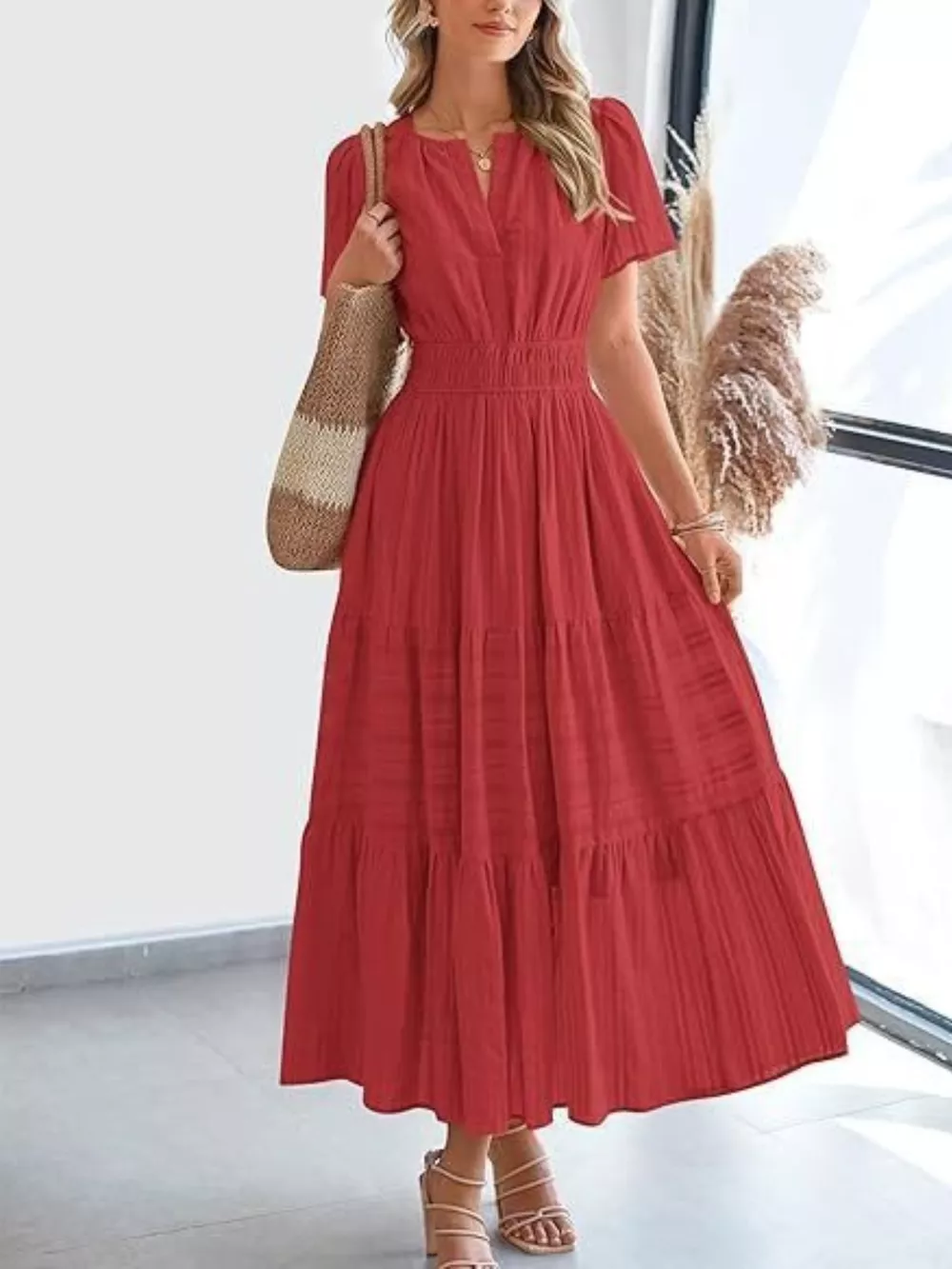 Notched Short Sleeve Tiered Dress, image 4