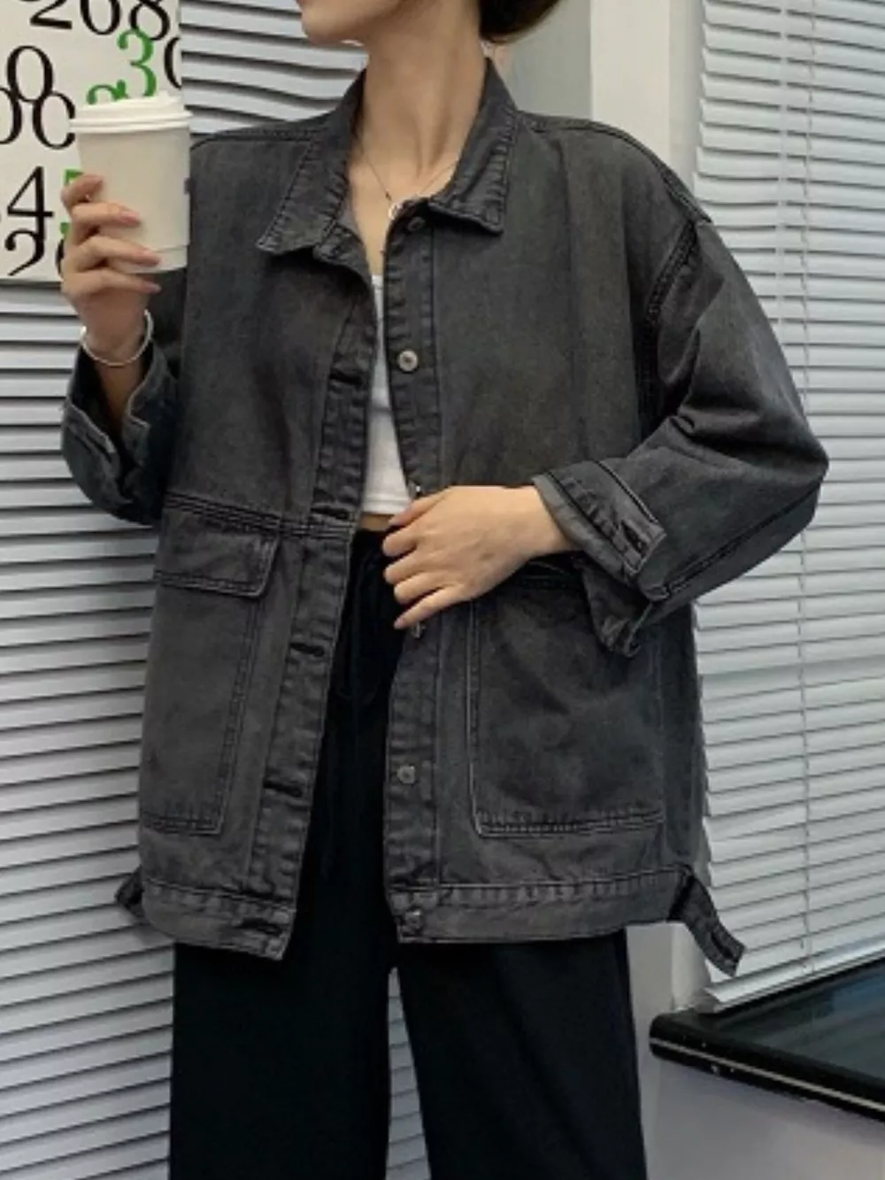 Oversized Wash Denim Jacket with Utility Pockets, image 13