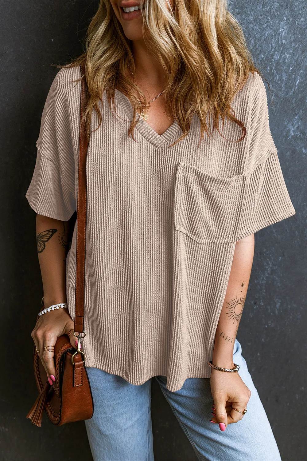 Textured V-Neck Dropped Shoulder T-Shirt, image 9