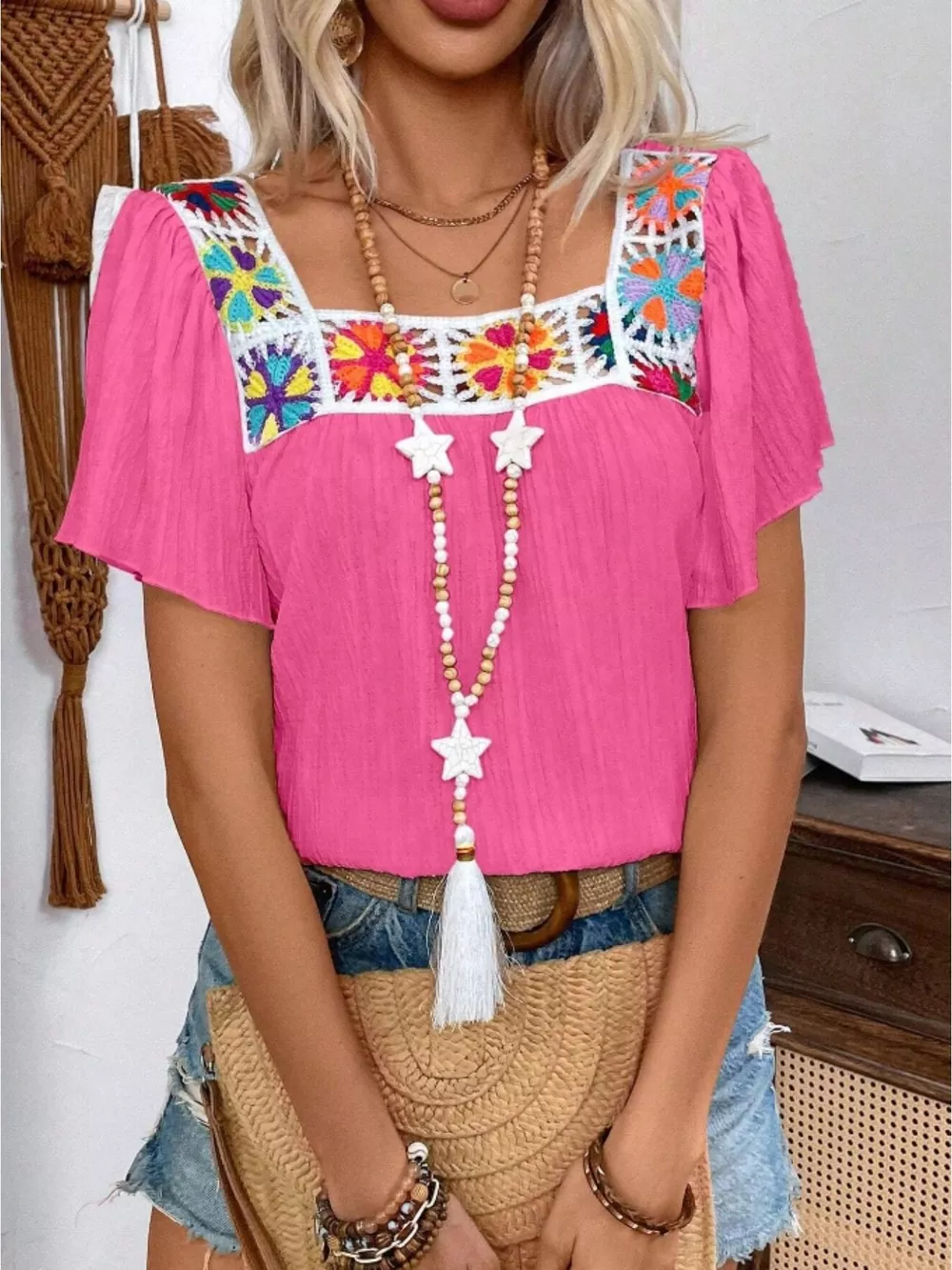 Embroidered Square Neck Flutter Sleeve Blouse, image 23