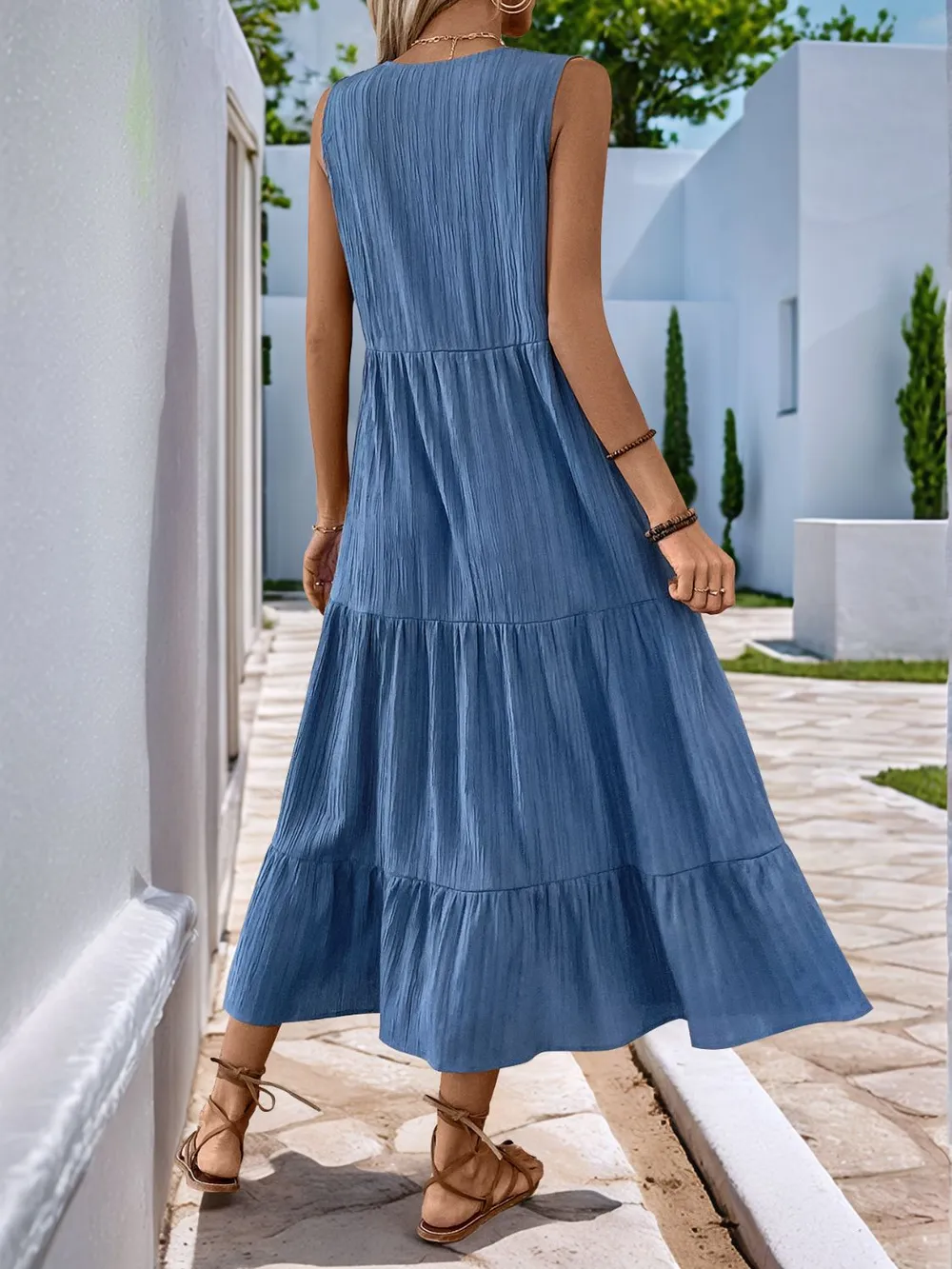 Decorative Button Notched Sleeveless Tiered Dress, image 5