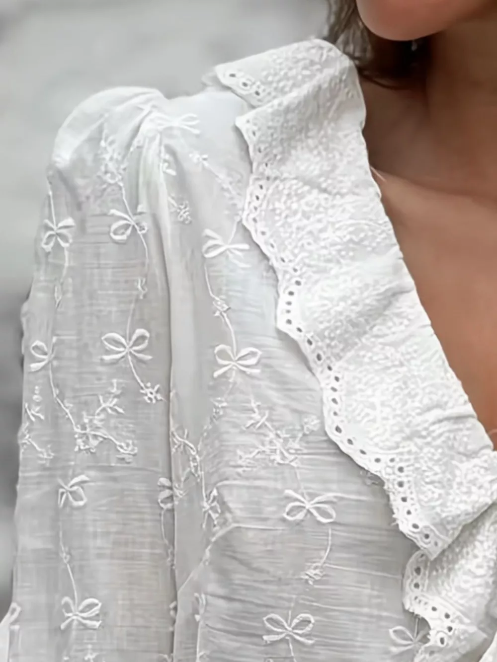 Bow Embroidered Ruffled V-Neck Blouse, image 3