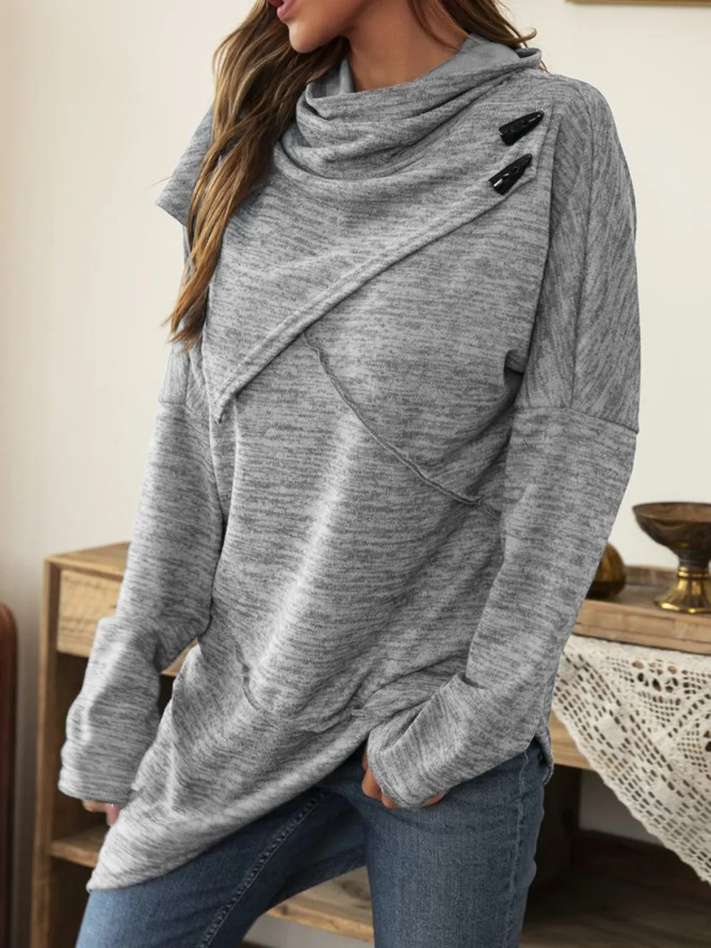 Asymmetrical Hem Cowl Neck Long Sleeve T-Shirt, image 8