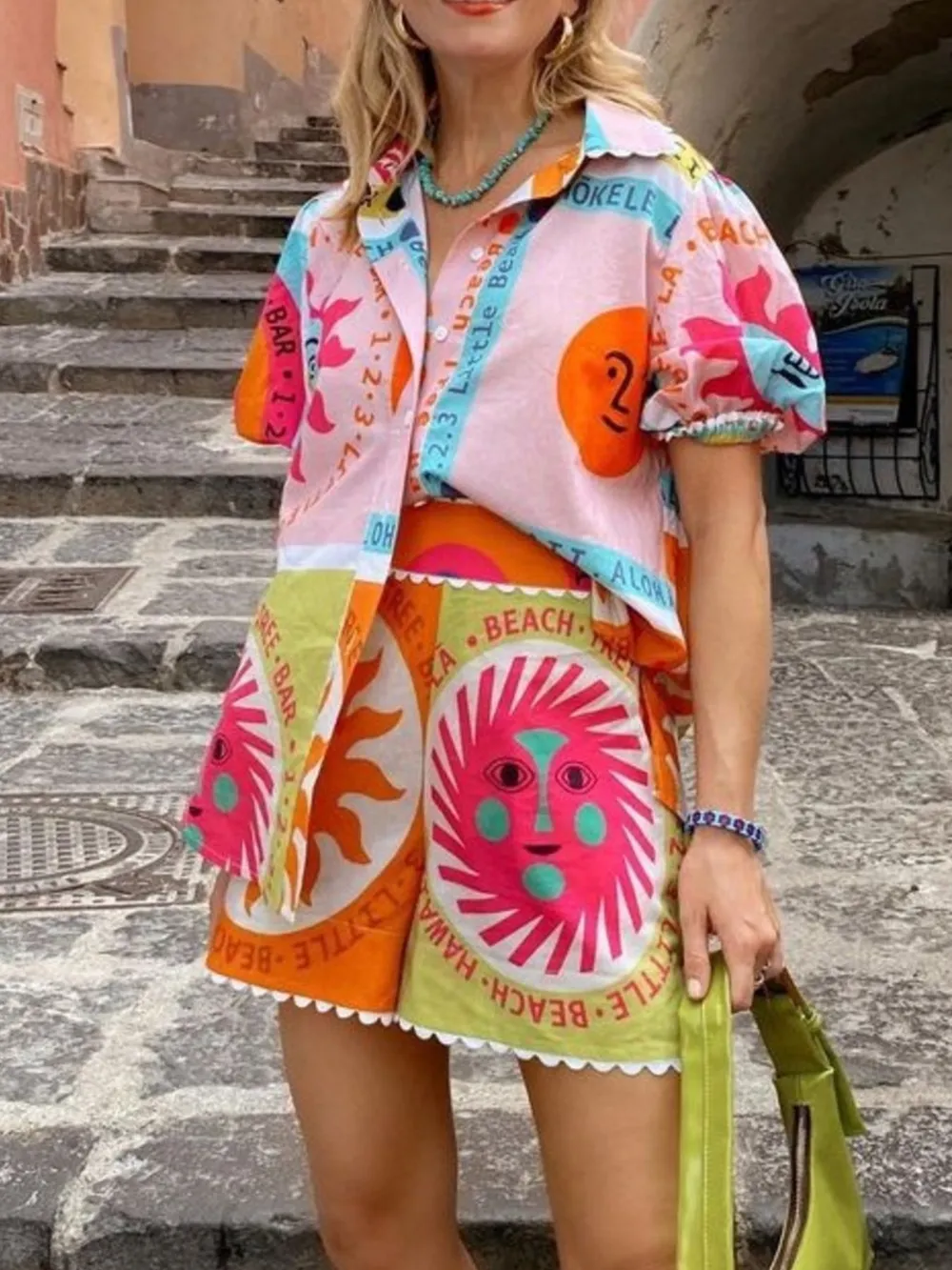 Printed Button Up Shirt and Shorts Set, image 3